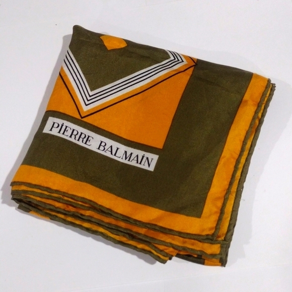 Pierre Balmain 100% Silk Scarf 23x23" Luxury Mustard & Olive Geometric Accessory - Picture 3 of 10